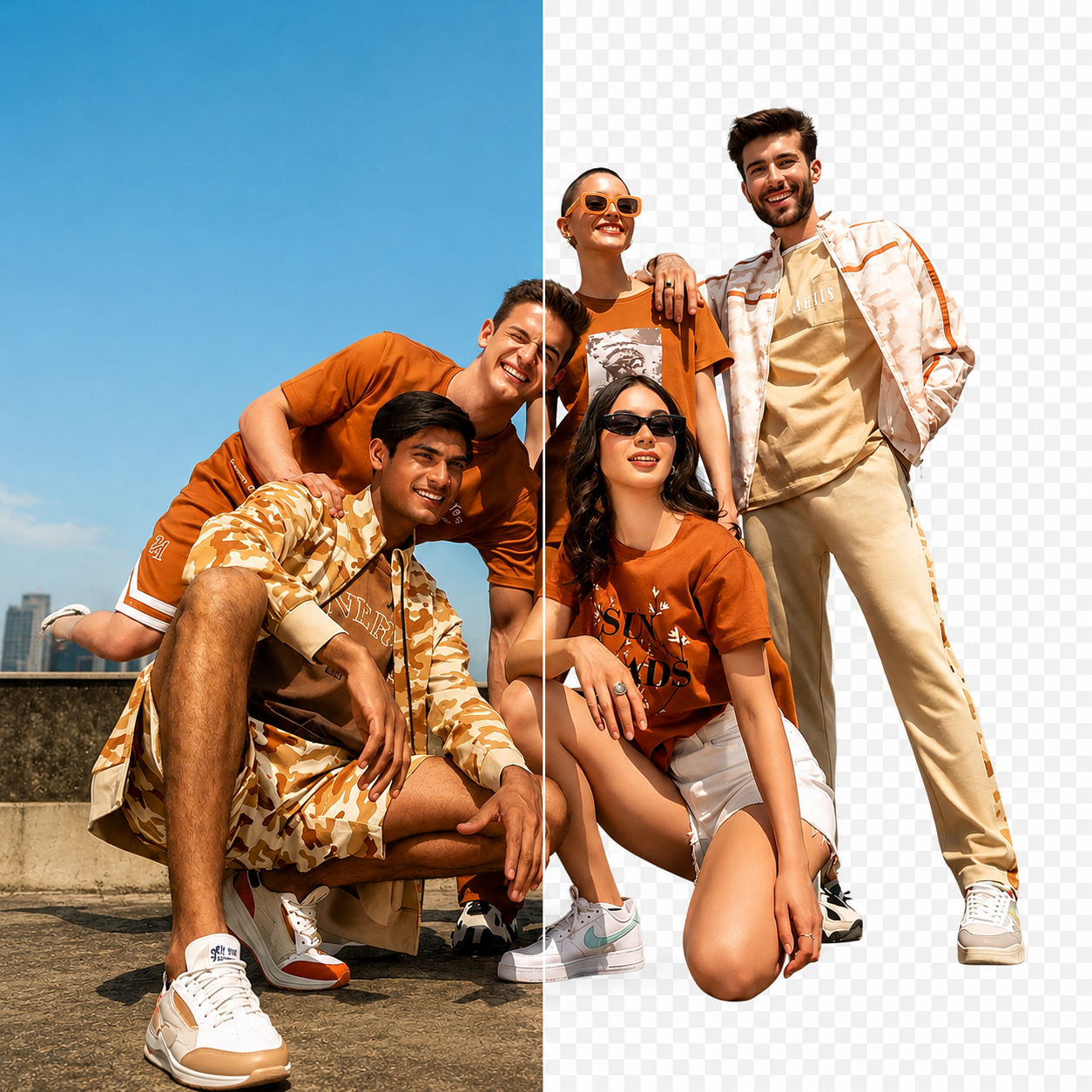 Rooftop group portrait with the city on one side and a transparent cutout on the other